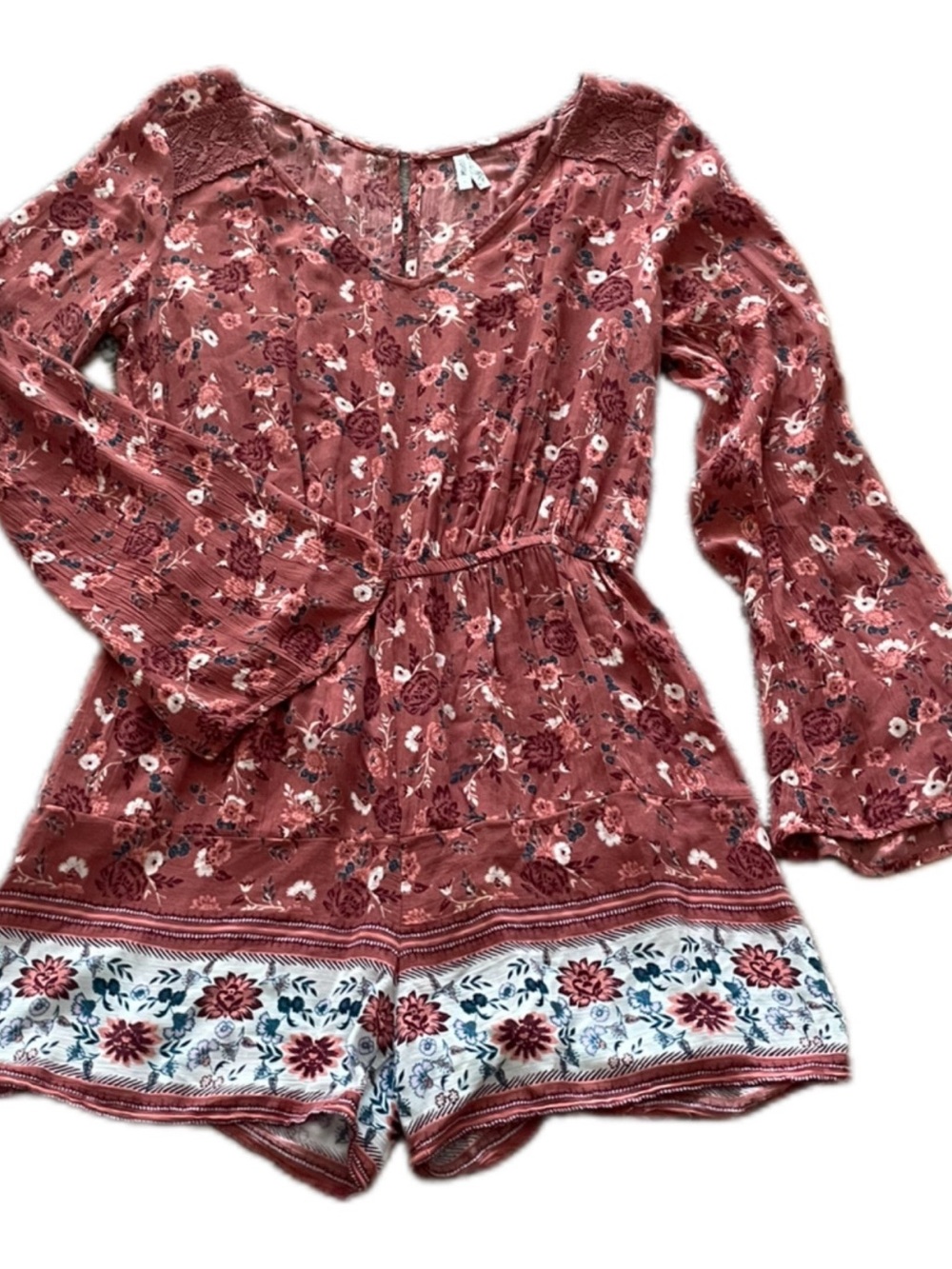 Women’s Boho Floral Rust Pink Long-Sleeve One-Piece Romper - Small